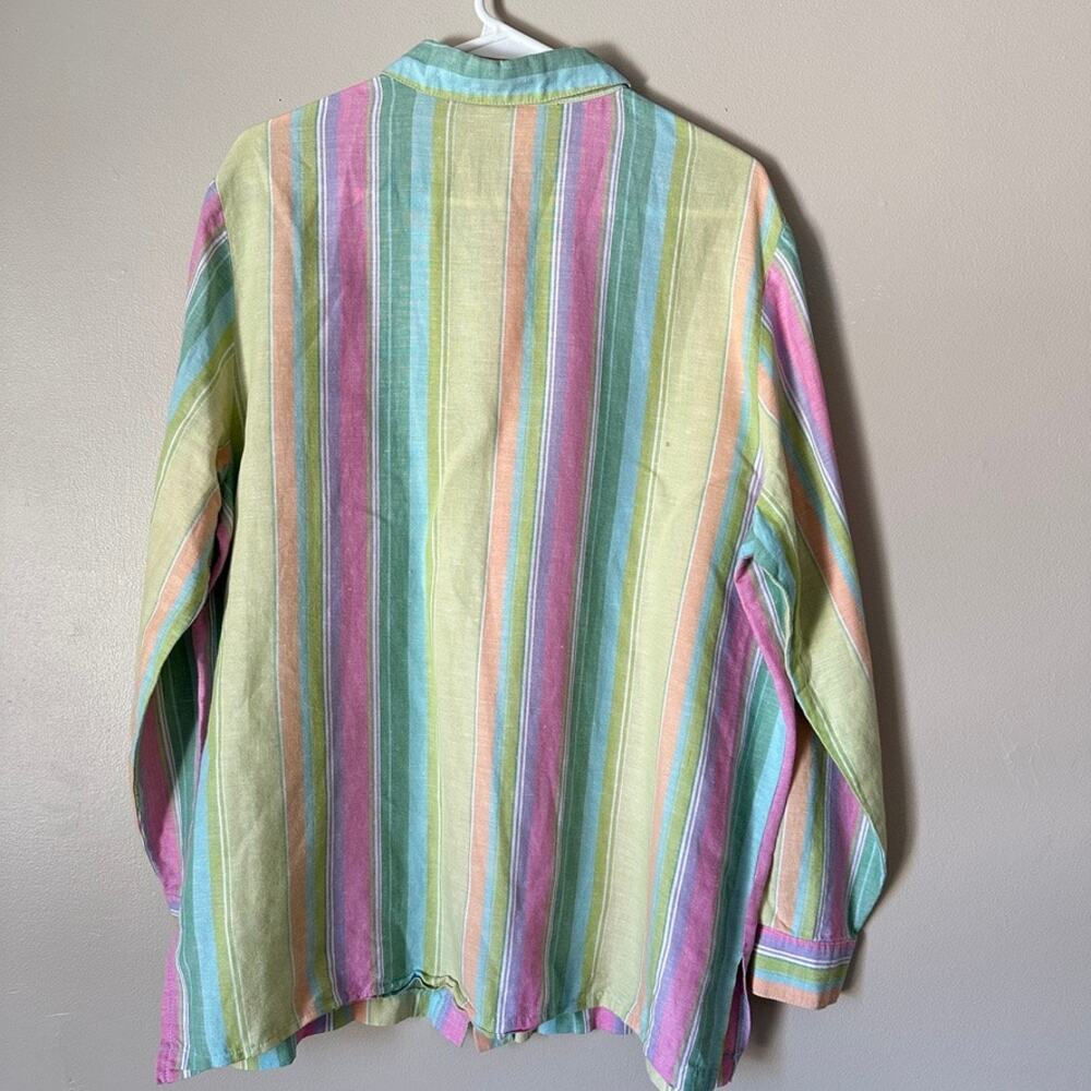 Coldwater Creek Blouse Womens LARGE Linen Blend Pastel Rainbow Stripe Top Shirt - Picture 7 of 11